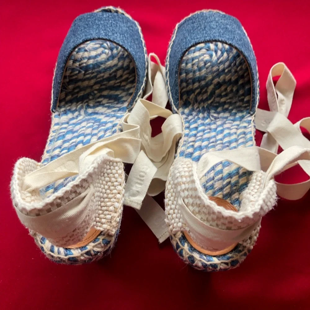 Chloe Blue Denim Espadrille Wedge Sandals with Cream Ankle Ties